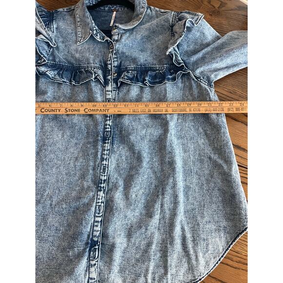 Free People Samantha Ruffle Denim Long Sleeved Button Up Shirt-Large - Picture 5 of 6